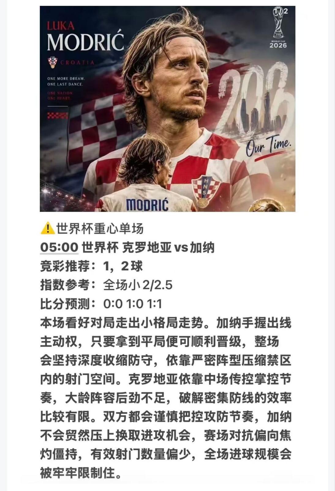 【杨建】世界杯重心单场 05:00世界杯克罗地亚vs加纳竞彩